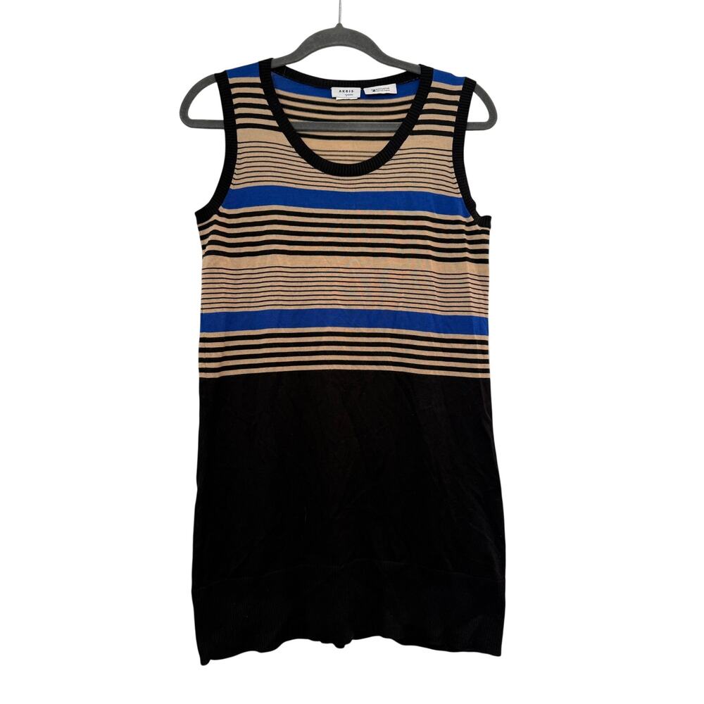 Akris Striped Knit Tank Top Blue Beige Black Colorblock Sleeveless Long Sz 8